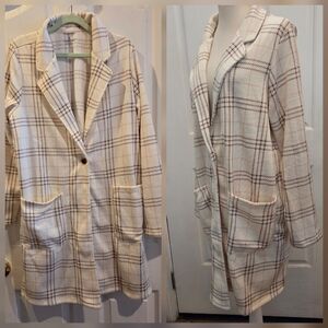 Cuddle Duds Duster Knit Jacket Size Large Plaid Spring White Sweater Coatagin *